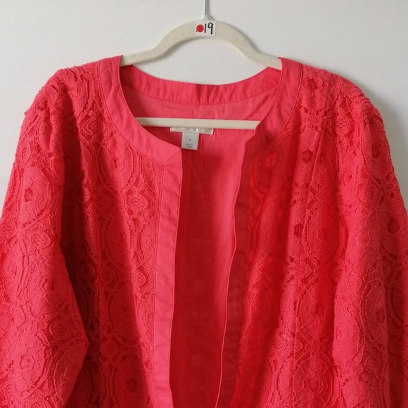 Christopher & Banks Womens Coral Pink Crochet Lace Open Front Blazer Jacket XL - Picture 3 of 7